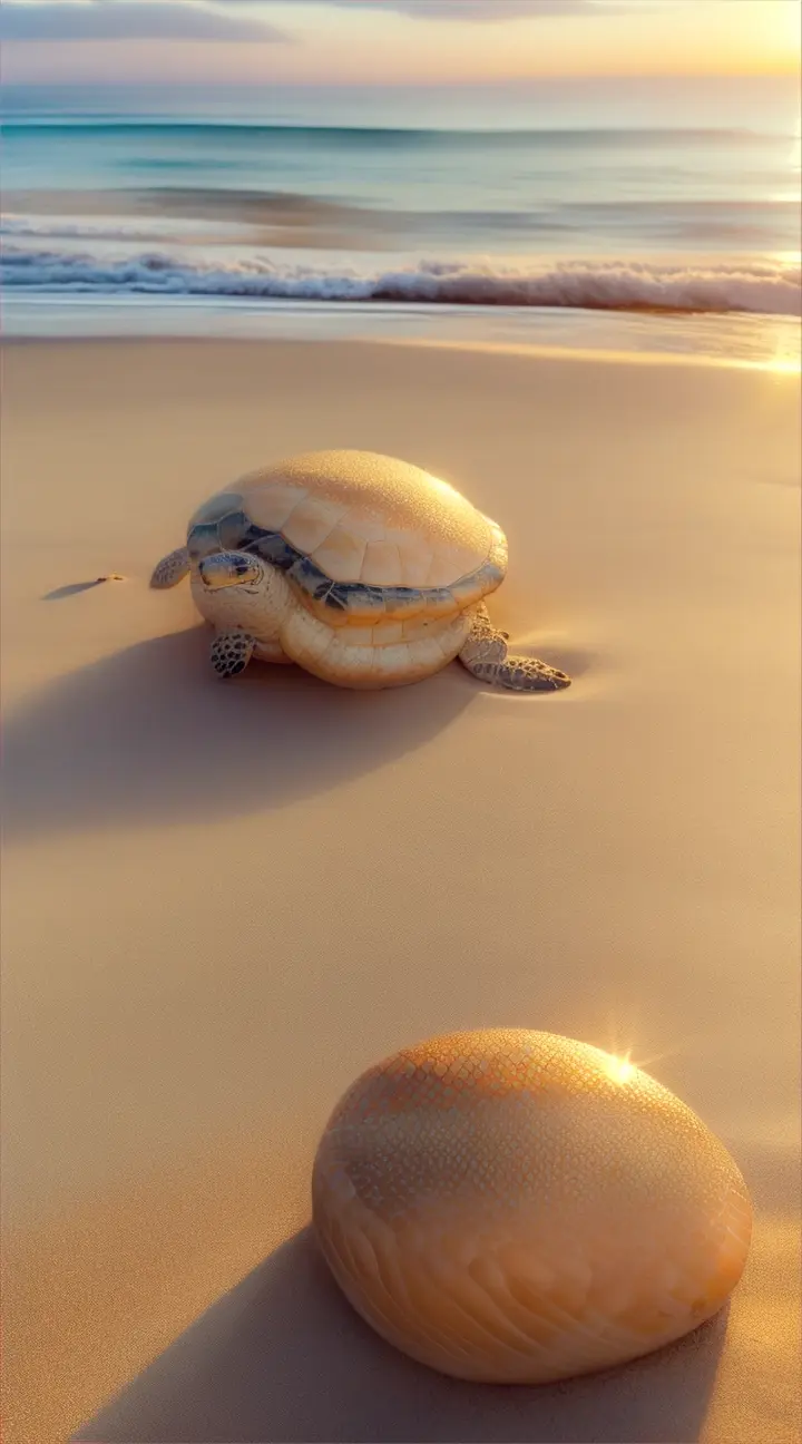 sea turtle eggs on sand, ocean beach.