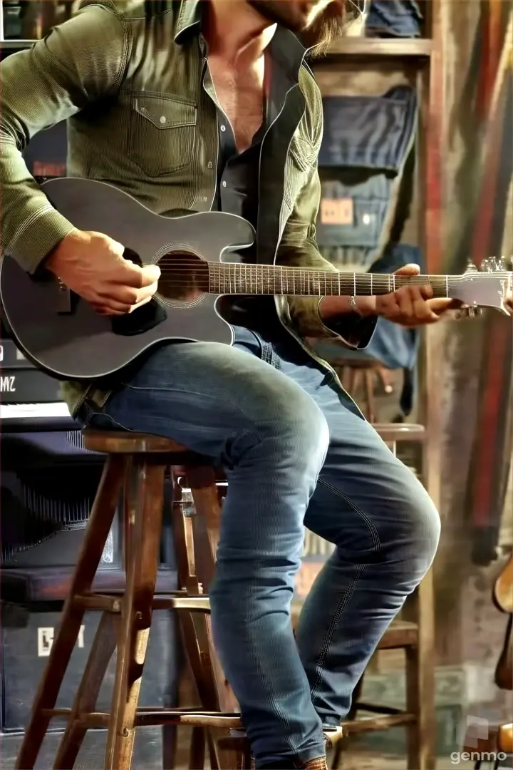 a man sitting on a stool playing a guitar