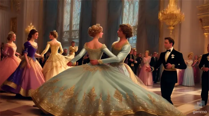  Cinderella's long silk  unique dress shimmers with sparkling beads, each one catching the light dance with prince in dance ball of castle and all people sneering it.16:9