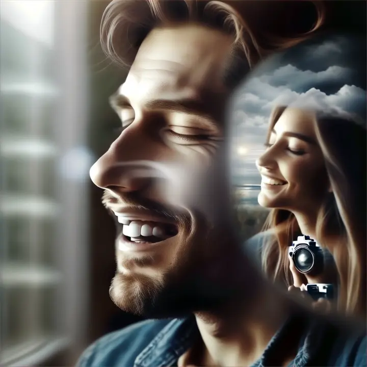 A final shot of the man closing his eyes and smiling, visualizing the day he will be together again, with his beloved woman with a soft fade to black.