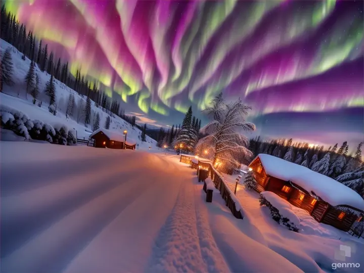 A cozy snowy cabin lit by the Northern Lights, with a landscape of snow-covered pine trees