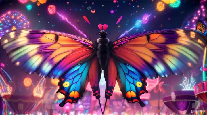 Giant butterfly in vibrant LGBTQ colors soaring over a carnival, lights and fireworks illuminating the night sky