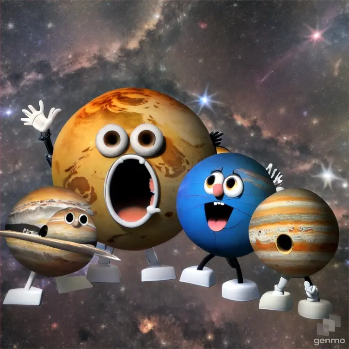a group of cartoon planets standing and shouting in front of a star filled sky