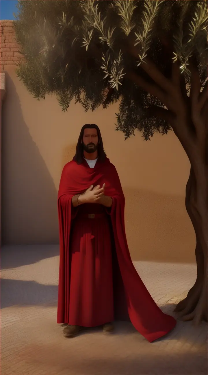 create a brick jesus with a red cloak in Jerusalem with an olive tree in the background 