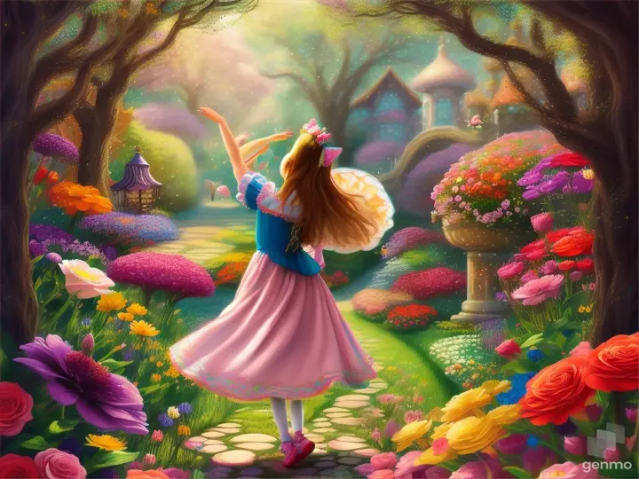 A young girl dancing with her feline companion in a whimsical garden of oversized flowers