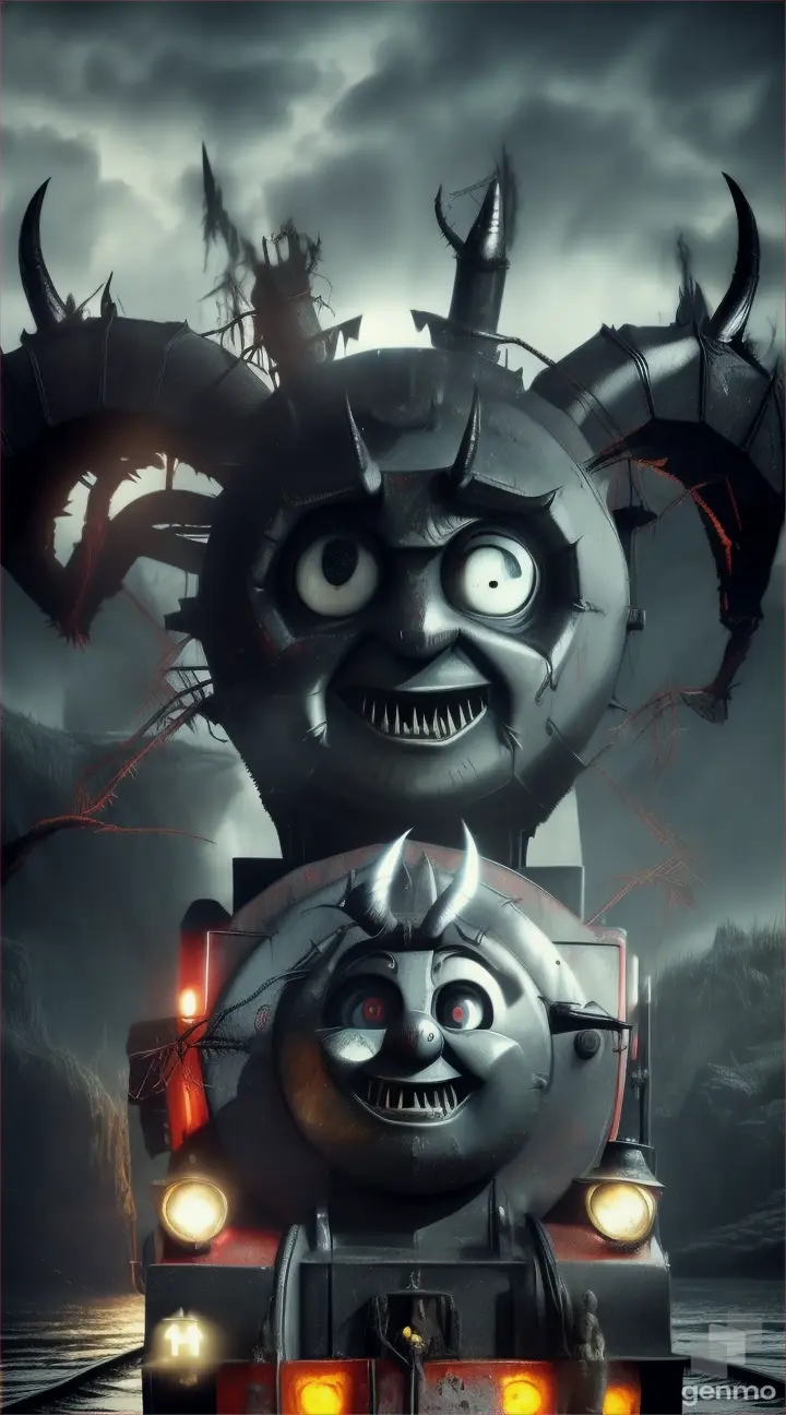 Create creepy Thomas the Tank Engine with  Spider Legs, bull horns to the thomas train,sharp teeth, near water body.