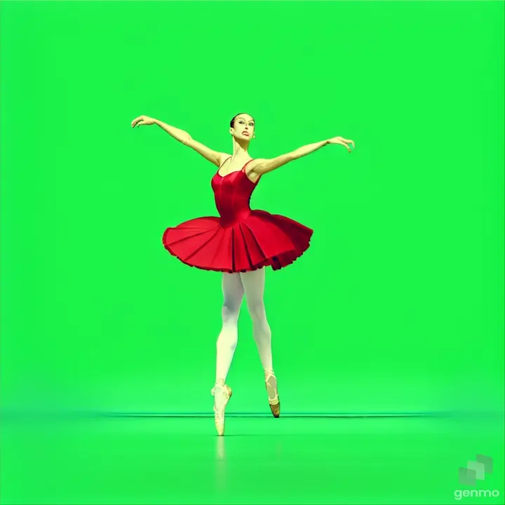 from the ballet Carmen, a slender, beautiful Ballerina in full height, in a red short dress, stands beautifully in pointe shoes and runs in small steps across the stage. green chromakey