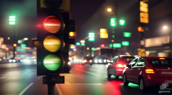 Close Up European traffic light changes from red to green light. The background is a busy street in a busy big city. Cinematic lighting