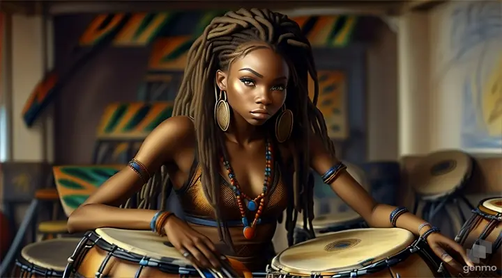 a painting of a woman with dreadlocks holding a drum