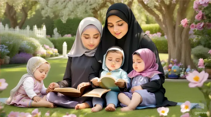 A beautiful  hijab  abaya nikab  girl and 2 baby  sitting in a beautiful  reading the Quran, around her colour full vedio 