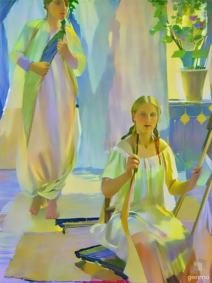 An image of  a woman  sitting on  a rug  in front of an easel and woman standing behind her. Sun rising shinining across the tulle