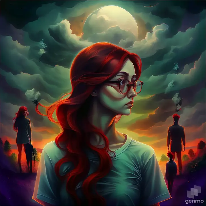 a painting of a woman with red hair and glasses