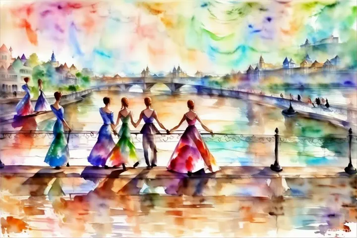 a watercolor painting of three people walking on a bridge