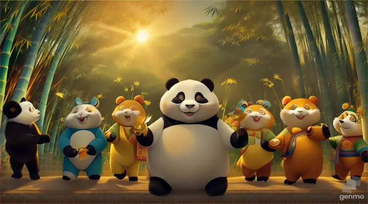 Forest animals celebrating together with Pandy the panda, showing joy and gratitude for saving their home, the bamboo forest looking vibrant and happy.