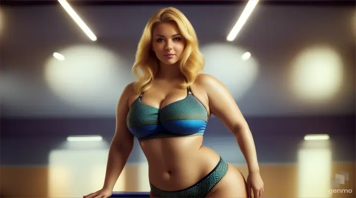 a beautiful pragnent Russian woman plus size in a bikini top and shorts in a gym posing for a picture 