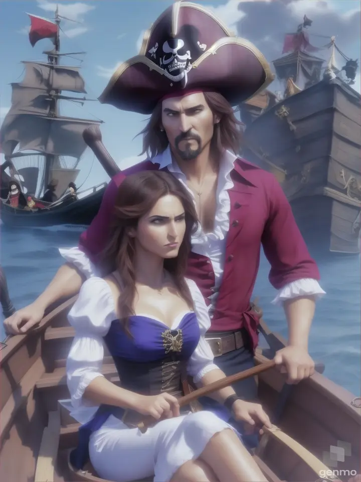  an angry man pirate with A pretty dark hair woman pirate in a rowboat, a background is an empty dark sea