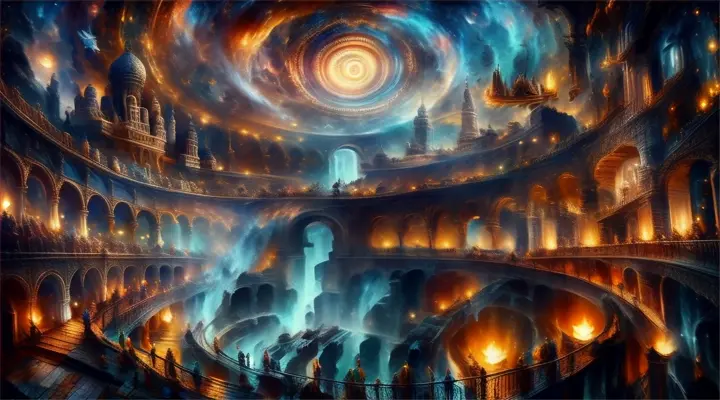 a painting in 4k  hight fedelty cinematrographic of a large building with a spiral ceiling