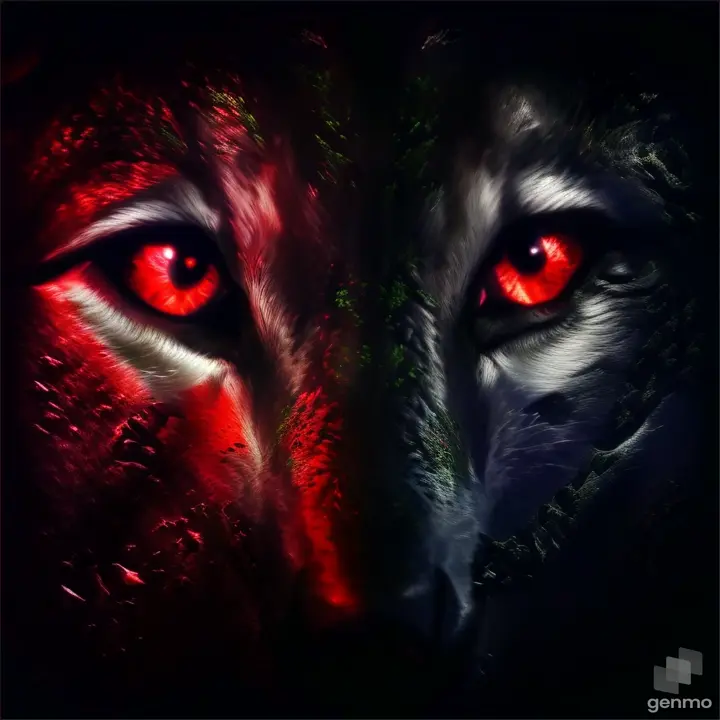 A wolf's head silhouetted against a full moon, eyes glowing red