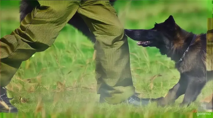 a black wolf biting the leg of a person in a field, night