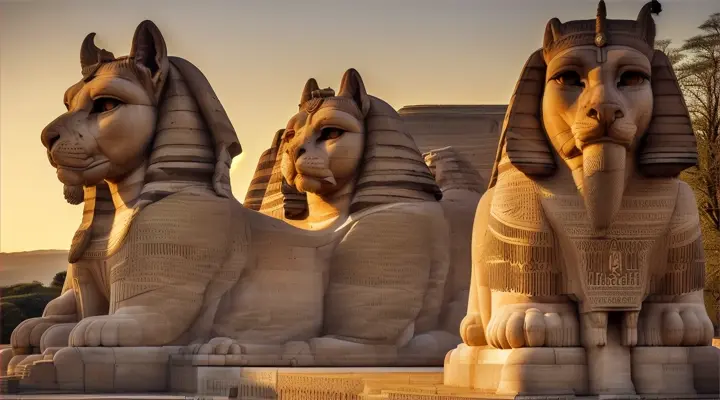 Waset's monumental sphinxes, captured in a cinematic image by the powerful lens of the Nikon D850. These majestic creatures, standing tall and proud, exude an aura of timeless wisdom and raw power. The sun sets in the background, casting a warm golden glow over the scene, highlighting the intricate details of the sphinxes' weathered stone bodies. The Nikon D850's high-resolution sensor captures every nuance, from the etchings on their faces to the texture of their massive paws. The sphinxes' piercing gazes, illuminated by the soft light, evoke a sense of mystery and ancient knowledge. The image is framed to showcase the sphinxes' imposing presence, with the majestic architecture of the temple in the background, adding to the grandeur. The Nikon D850's exceptional dynamic range captures the subtle interplay of light and shadow, enhancing the dramatic atmosphere of the scene. The result is a cinematic masterpiece 3D line art
