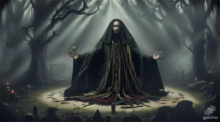 a rasta man in shrouded cloak, ritual, surrounded by bones, magic in forest, evil, horror, dark