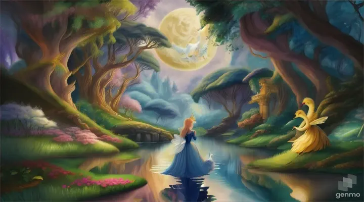 Cartoon very beautiful moon Prince with swan princess in jungle 