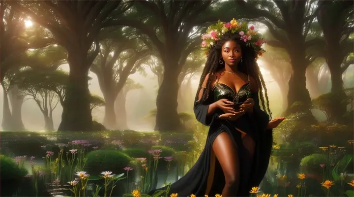 Enter the realm of cinematic photography and behold Natuermaat, the black Mother Goddess figure, captured through the lens of the esteemed Sony Alpha a7R IV. In this mesmerizing image, Natuermaat stands tall, radiating an aura that embodies the delicate interplay of opposites. Her divine presence is palpable as she nurtures all life with her gentle touch. Bathed in soft, ethereal light, the Sony Alpha a7R IV captures every intricate detail of her serene face and flowing robes, revealing the intricate patterns and textures that symbolize the intricate web of existence. The backdrop is a lush, verdant landscape, teeming with vibrant flora and fauna, representing the interconnectedness of all living beings. The camera's exceptional resolution and color reproduction showcase the vibrant hues of the flowers, the subtle variations in the shades of green, and the delicate balance between light and shadow. The composition is expertly framed, with Natuermaat positioned at the center, emanating a sense of divine harmony. This cinematic masterpiece transports the viewer into a realm of profound interconnectedness, where the nurturing essence of the Mother Goddess pervades all aspects of existence.
