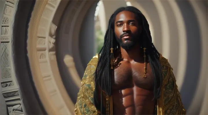 Enter the realm of cinematic photography and behold the black jesus God figure, captured through the lens of the esteemed Sony Alpha a7R IV. In this mesmerizing image, rhe black jesus stands tall, radiating an aura that embodies leader interplay of opposites. Her divine presence is palpable as she nurtures all life with her gentle touch. Bathed in soft, ethereal light, the Sony Alpha a7R IV captures every intricate detail of his serious face and flowing robes, revealing the intricate patterns and textures that symbolize the intricate web of existence. The backdrop is a lush, verdant landscape of ancient Kemit, representing the interconnectedness of all living beings. The camera's exceptional resolution and color reproduction showcase of ancient kemit, the subtle variations in the shades of green, and the delicate balance between light and shadow. The composition is expertly framed, with black jesus positioned at the center, emanating a sense of divine harmony. This cinematic masterpiece transports the viewer into a realm of profound interconnectedness, where the serious essence of the black jesus pervades all aspects of existence.