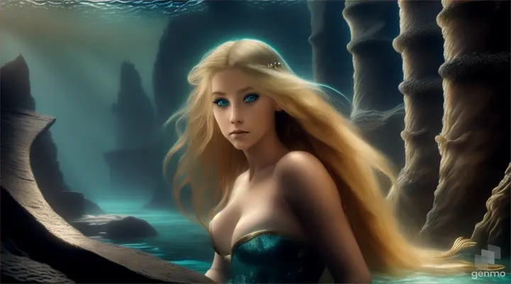 (masterpiece, best quality), close up, A beautiful blonde mermaid with piercing eyes glancing down towards the ground, in the ruins of Atlantis. a dark and moody atmosphere deep depths of the ocean, sea floor, ground, water motion,