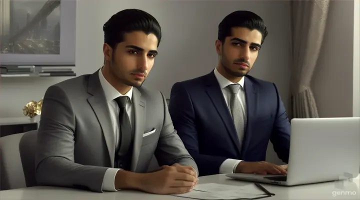 An elegant Arab young man meets the employee manager sitting on top of the desk with a laptop next to him