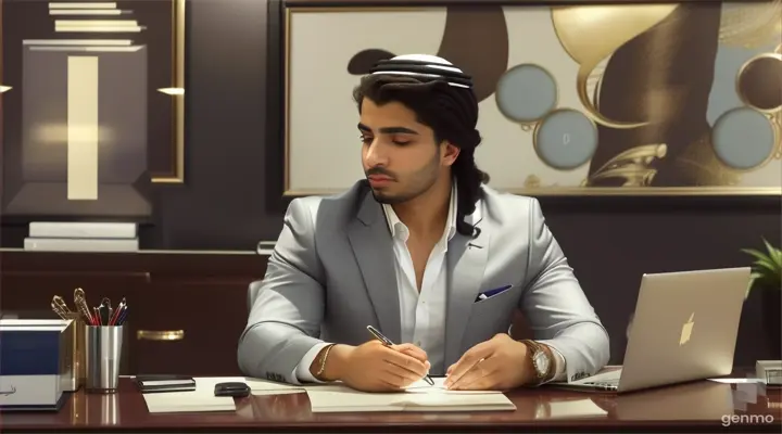 An elegant Arab young man sits on the other side in front of the employee manager who is sitting on top of the desk with a real and realistic clip-on laptop next to him