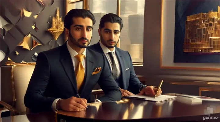 Elegant Arab man seated in abstract, surrealistic office space, opposite manager on desk