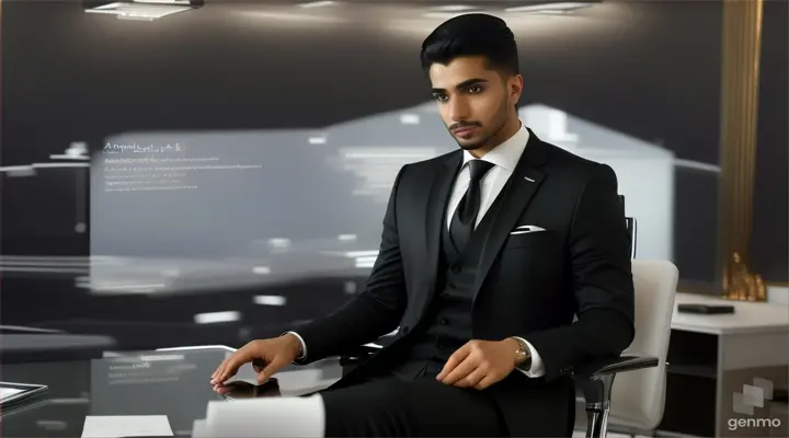 An elegant black-haired Arab young man sitting on top of the chair in an office, real and realistic clip