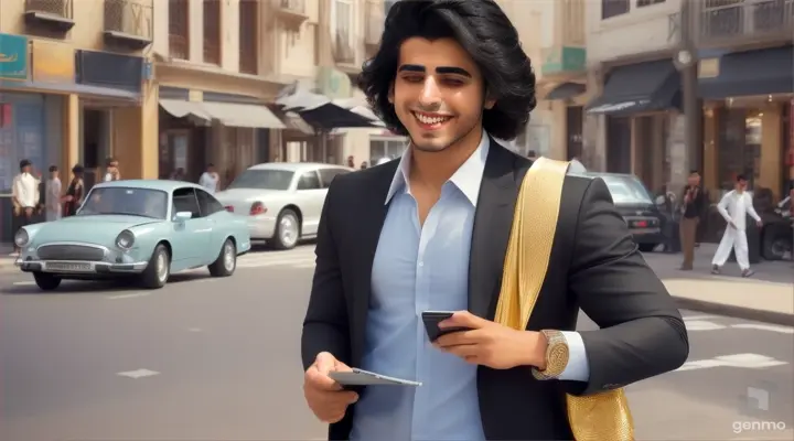 An elegant, black-haired Arab young man takes his beautiful and attractive laptop out into the street while laughing, a real and realistic clip