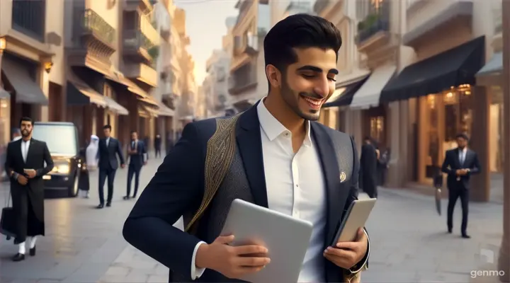 An elegant, black-haired Arab young man laughing, taking his beautiful and attractive laptop out into the street, a real and realistic clip