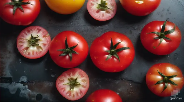 Fresh, ripe tomatoes with water droplets, arranged closely on a dark textured surface with scattered droplets and smears. 16:9