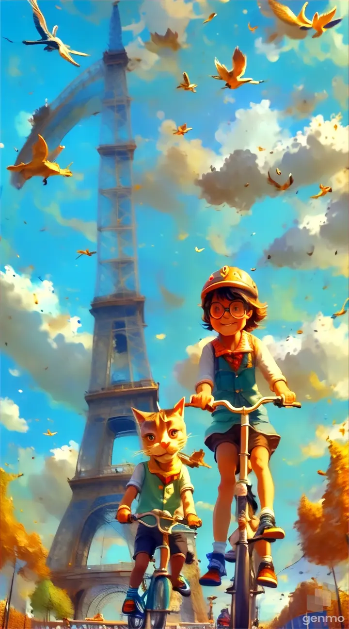 a painting of a boy and a girl riding bikes in front of the eiff