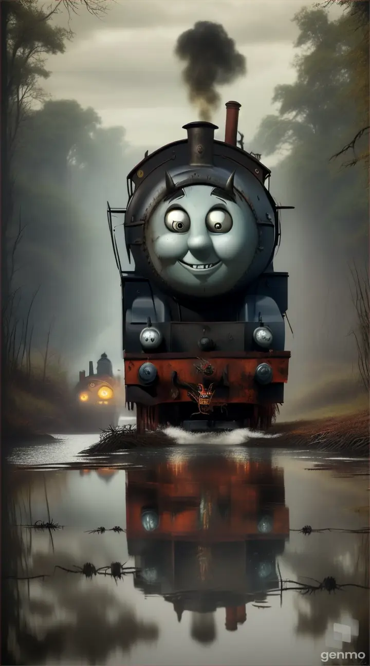 Create creepy Thomas the Tank Engine with  Spider Legs, bull horns to the thomas train,sharp teeth, near water body.