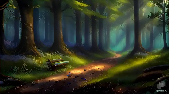 a path through a forest with a bench in the middle of it