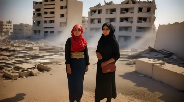 mujeres palestinas entre los escombros de los edificios de Gaza