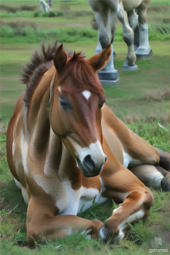 a brown horse laying on top of a lush green field