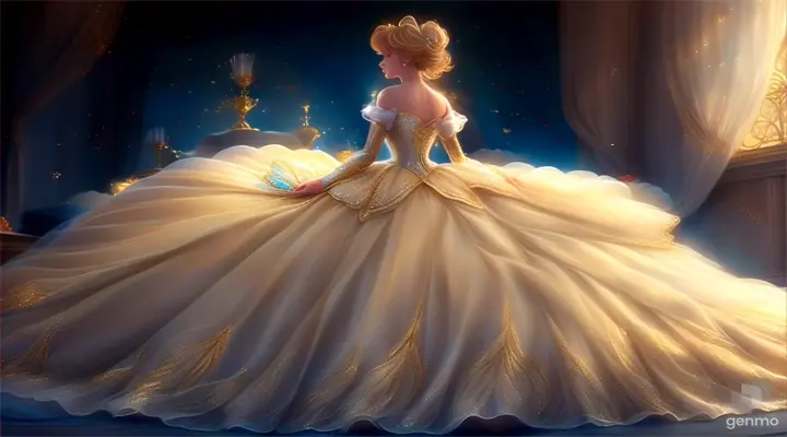 a Cinderella with shimmering dress in a ball gown in a room