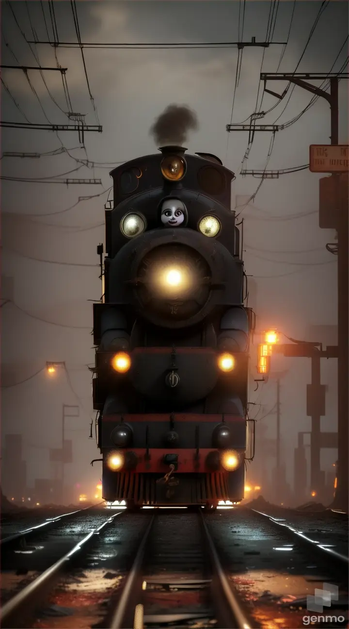 Create a masterpiece 8k video of a Thomas the train with joker face,sharp teeth like spider teeth, crazy hair, at abandoned city, high detailed 