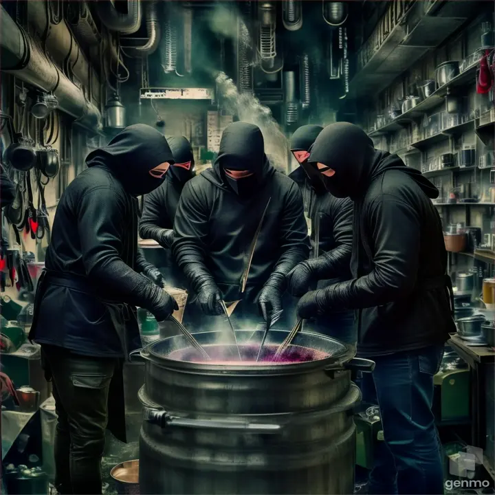 a group of people in black hoods cooking food in a pot