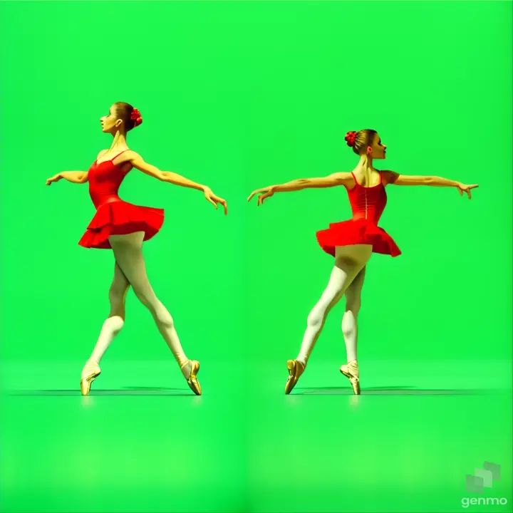 from the ballet Carmen, a slender, beautiful Ballerina in full height, in a red short dress, stands up beautifully and runs green chromakey