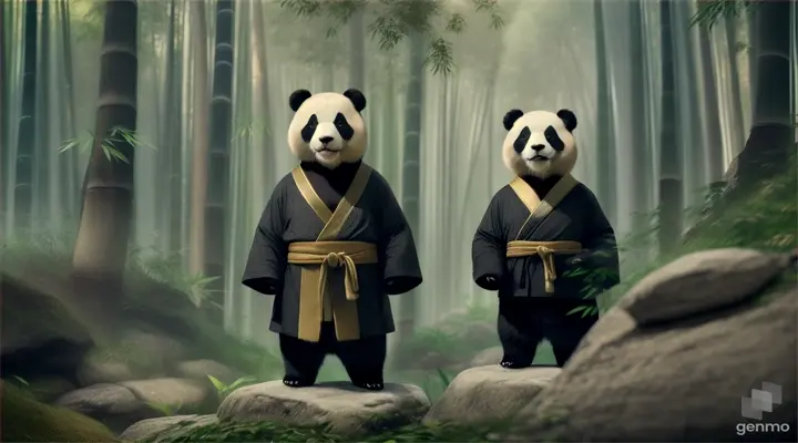 A panda stands on a rock talking to two humans in a bamboo forest.