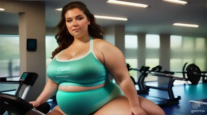 a beautiful pragnent Russian woman plus size in a sea green bikini top and shorts in a gym machine posing for a picture 