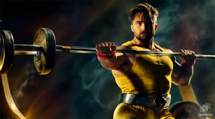 a man in a yellow outfit is holding a barbell