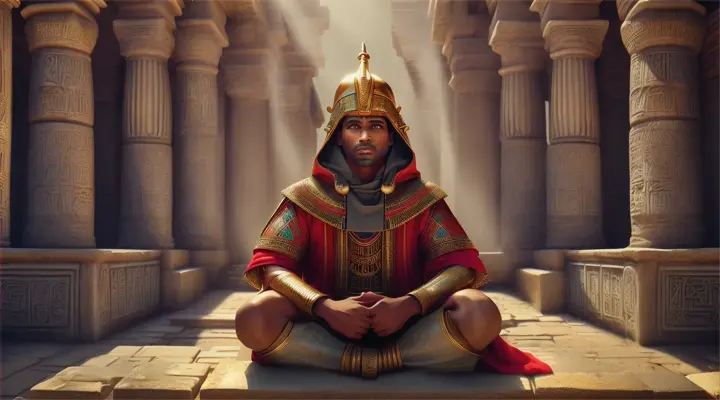 ancient kemit priest with hood on sitting on ancient temple steps