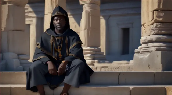 ancient kemit black priest with hood on sitting on ancient temple steps looking into the camera